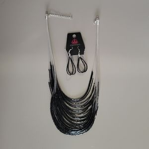 Set of fish line necklace with earrings, black beads